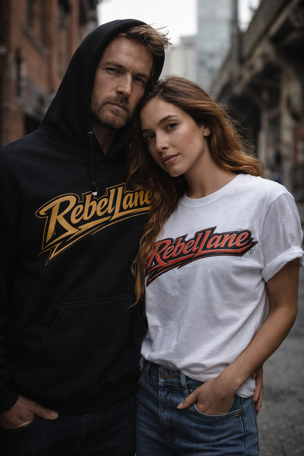 RebelLane — Couple wearing streetwear in urban city alley